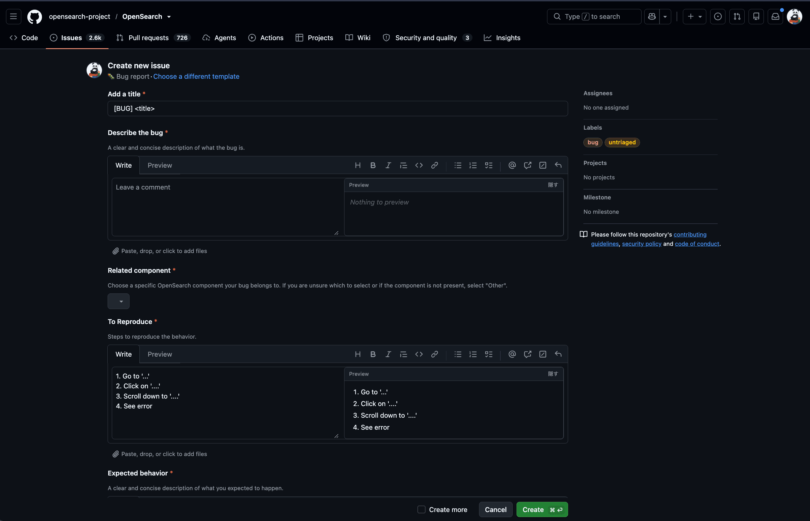 GitHub の New issue 画面に表示された OpenSearch のバグ報告テンプレート