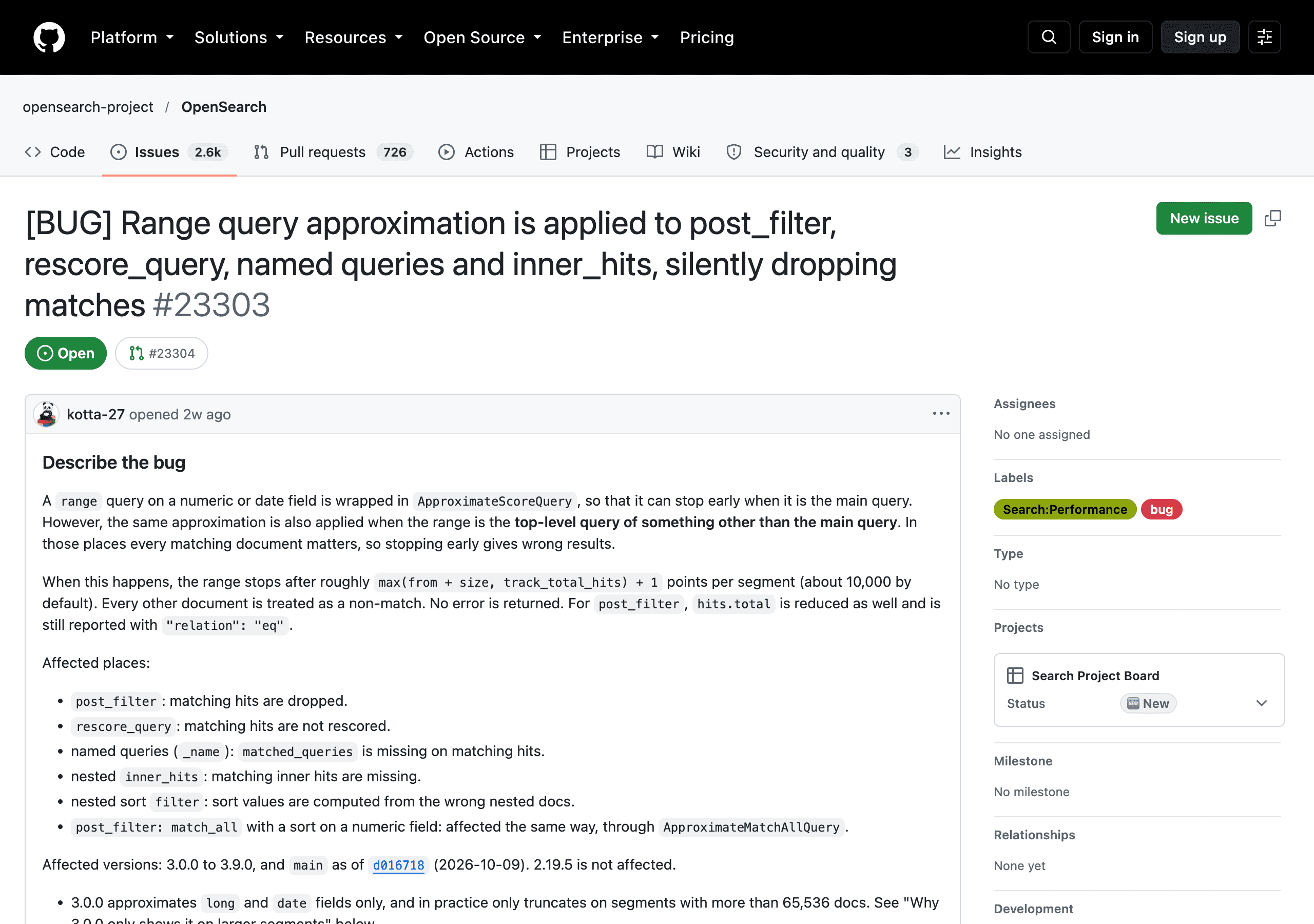 GitHub 上の Issue #23303 の画面